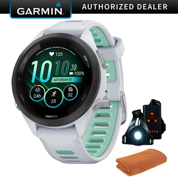 Garmin 010-02810-04 Forerunner 265S GPS Smartwatch, Whitestone/Neo Tropic Bundle with Sport Towel Deco Essentials Wearable Commuter Front & Rear Safety Light| Official Garmin USA Dealer