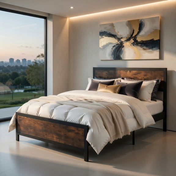 Yardi Yarda Metal Bed Frame with Headboard and Footboard, Full Size, Simple Bed Frame for Indoor, Brown