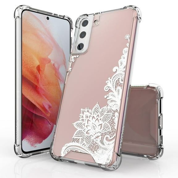 ANJ  Hybrid Slim Hard Back Cover Case Flexible Bumper for Samsung Galaxy S21 Plus - White Lacey Flower