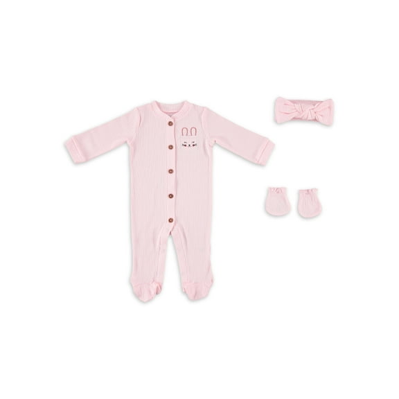 Baby Gear Baby Girl 3 PC Footed Coverall Set, Sizes Newborn-9 Months