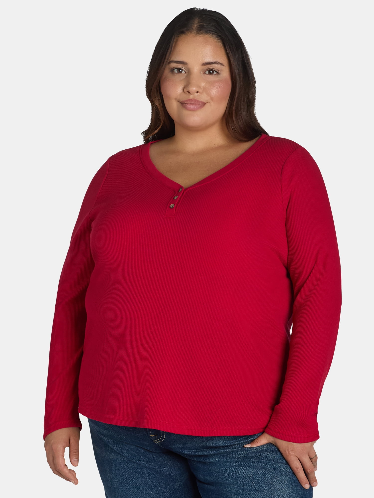 Terra & Sky Women's Plus Thermal Henley Top, Available in 1 and 2-Pack, Sizes 0X-5X