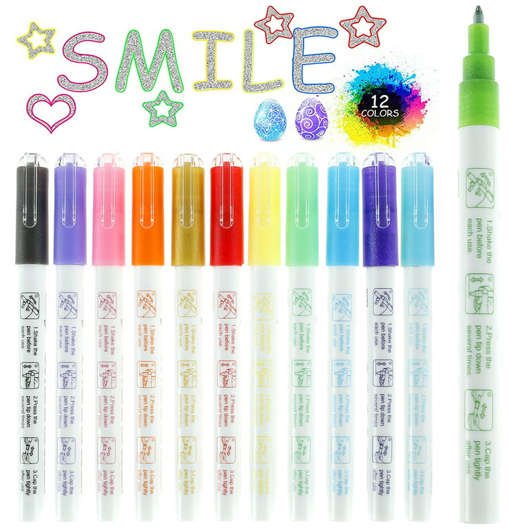 Stem Stuff Squiggle Metallic Outline Markers - 12 Colors of Double Outline Shimmer Markers with 8 Stencils and A Handy Mesh Net Bag for