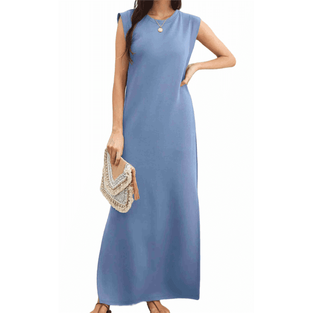 Vestido Maxi de Verano 2025 para Mujer, Informal, Holgado, con Abertura, Sin Arrugas, con Cuello Redondo y Bolsillos, Color Azul Vaquero S