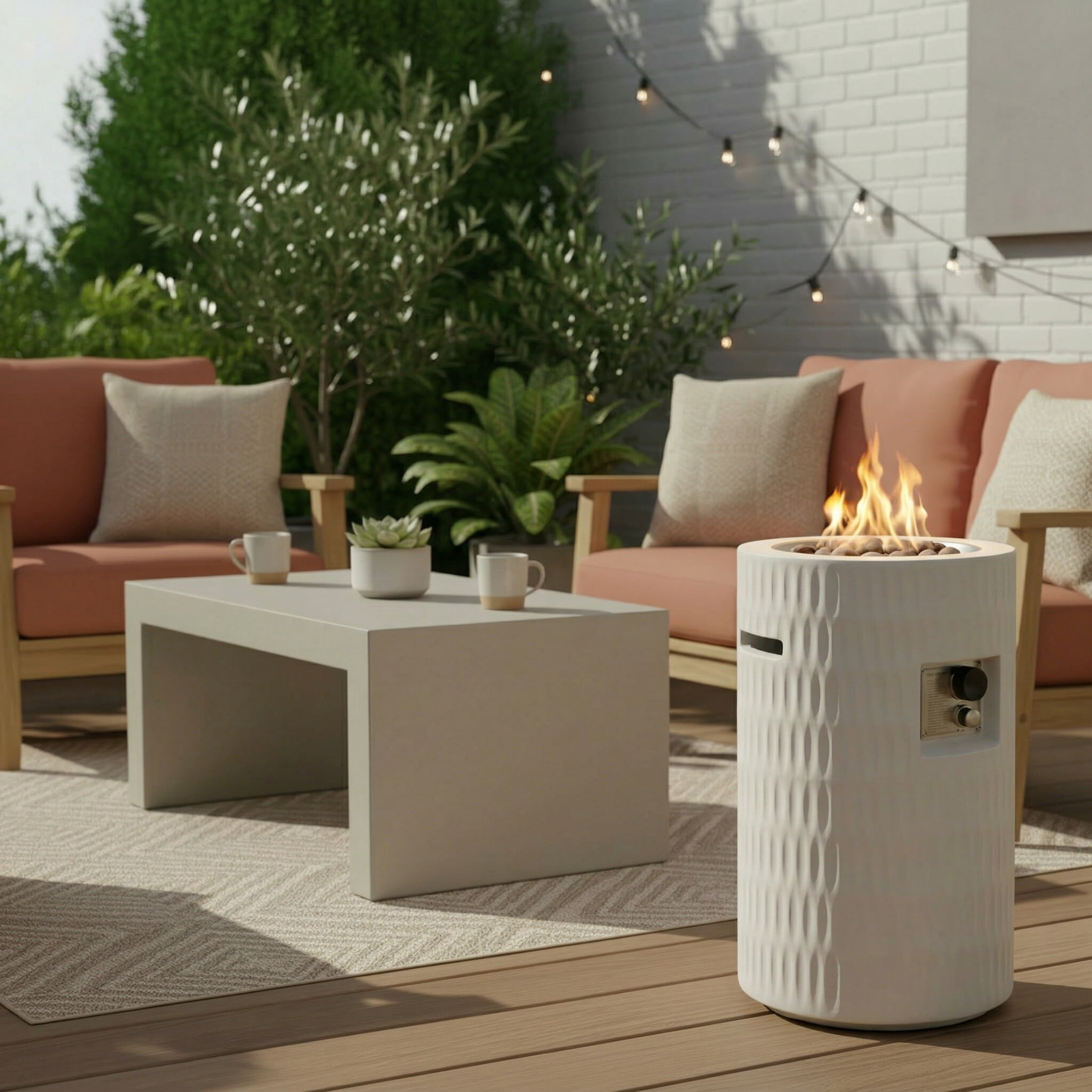 Atumcto 40,000 BTU Propane Fire Pit Column, 16.5" Round Concrete Outdoor Fire Pit with Lava Rocks and Cover for Patio, Backyard, Beige