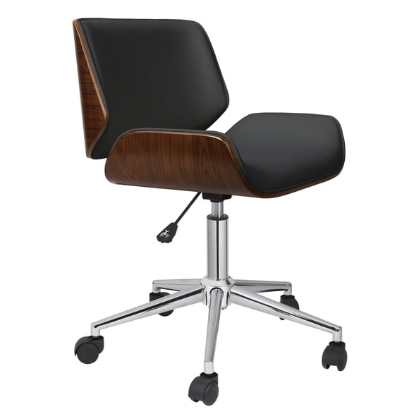 Fohfurniture Mid-Century Silla de Escritorio con Ruedas de Madera Curvada con tapicería de Piel sintética y Altura Ajustable (Square, Negro)