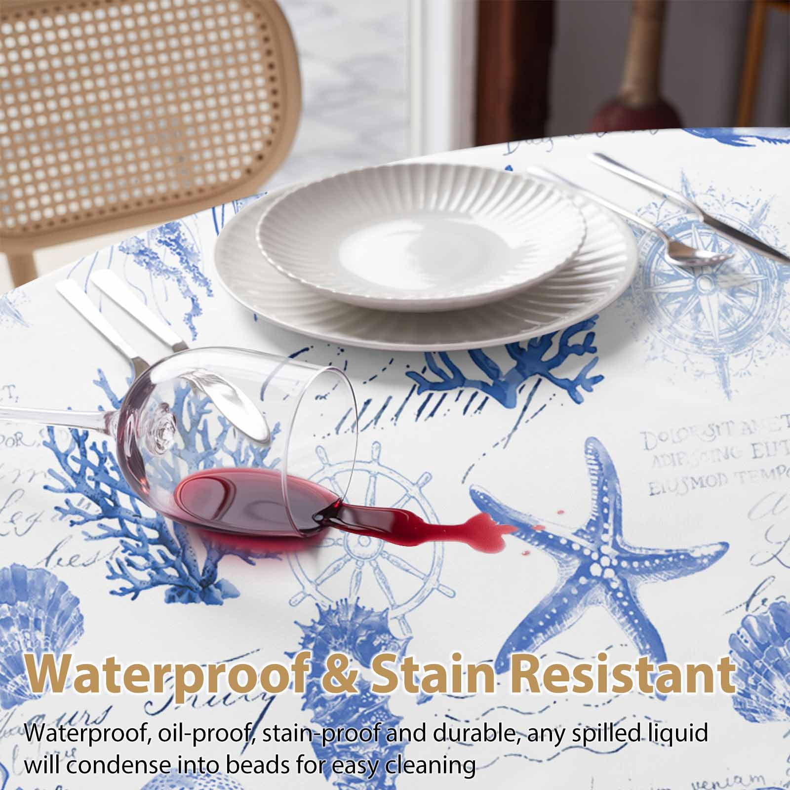 Round Tablecloth Watercolor Coastal Waterproof Oil Proof Polyester Table Cloth Cover Decor for Home Dining Outdoor,Patio,Parties, 60" Dia. Seahorse Starfish Pattern Blue