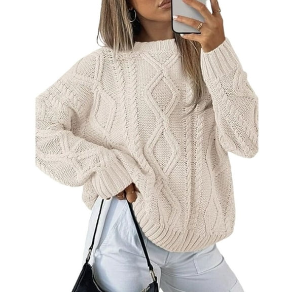 Sweaters for Women Crew Neck Cable Knit Sweater Ribbed Long Sleeve Knitted Pullover Sweater Alsol Lamesa