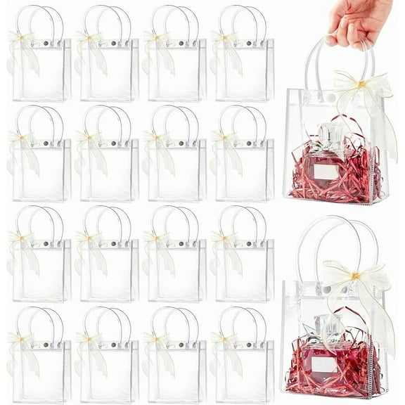 Clear Plastic Gift Bags with Handles, Reusable Party Favor Bags with Ribbon Transparent Gift Wrap Bags Bulk for Weddings Birthdays