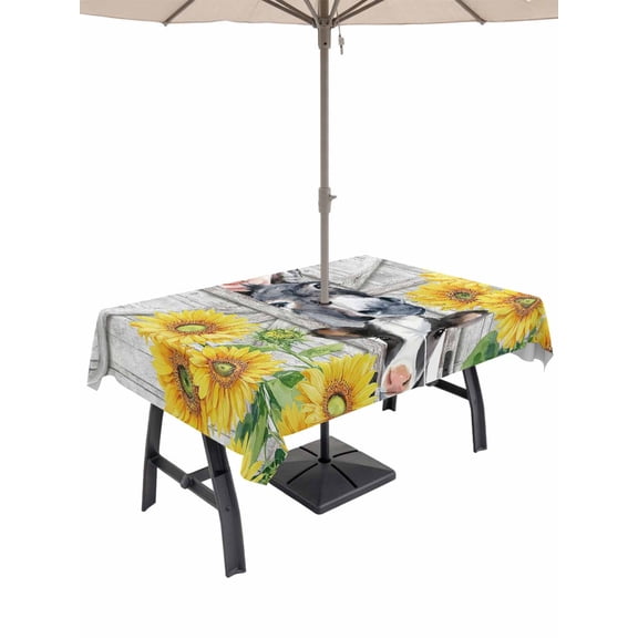 Outdoor Tablecloth with Umbrella Hole for Patio/Picnic/Party/Camping, Farmhouse Waterproof Table Cloth Rectangle Table Cover Washable, Watercolor Sunflowers Animals Printed Wood Grain (52"x 70")