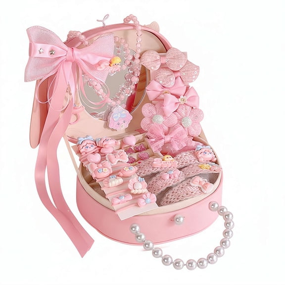 Princess Jewelry Box for Girls with Hair Accessories, Pink Storage Box with Mirror, Includes Hair Clips Bows Rings & Gift Bag, Fashion Hair Styling Kit Gift Set