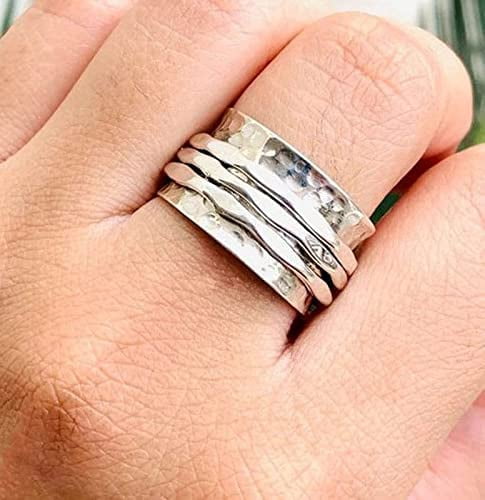 SS DESIGNS Silver Spinner Ring 925 Sterling Silver Three Tone Band with Hammered Finish, Meditation Fidget Spinner Ring for Womenâ€™s Stress Relief
