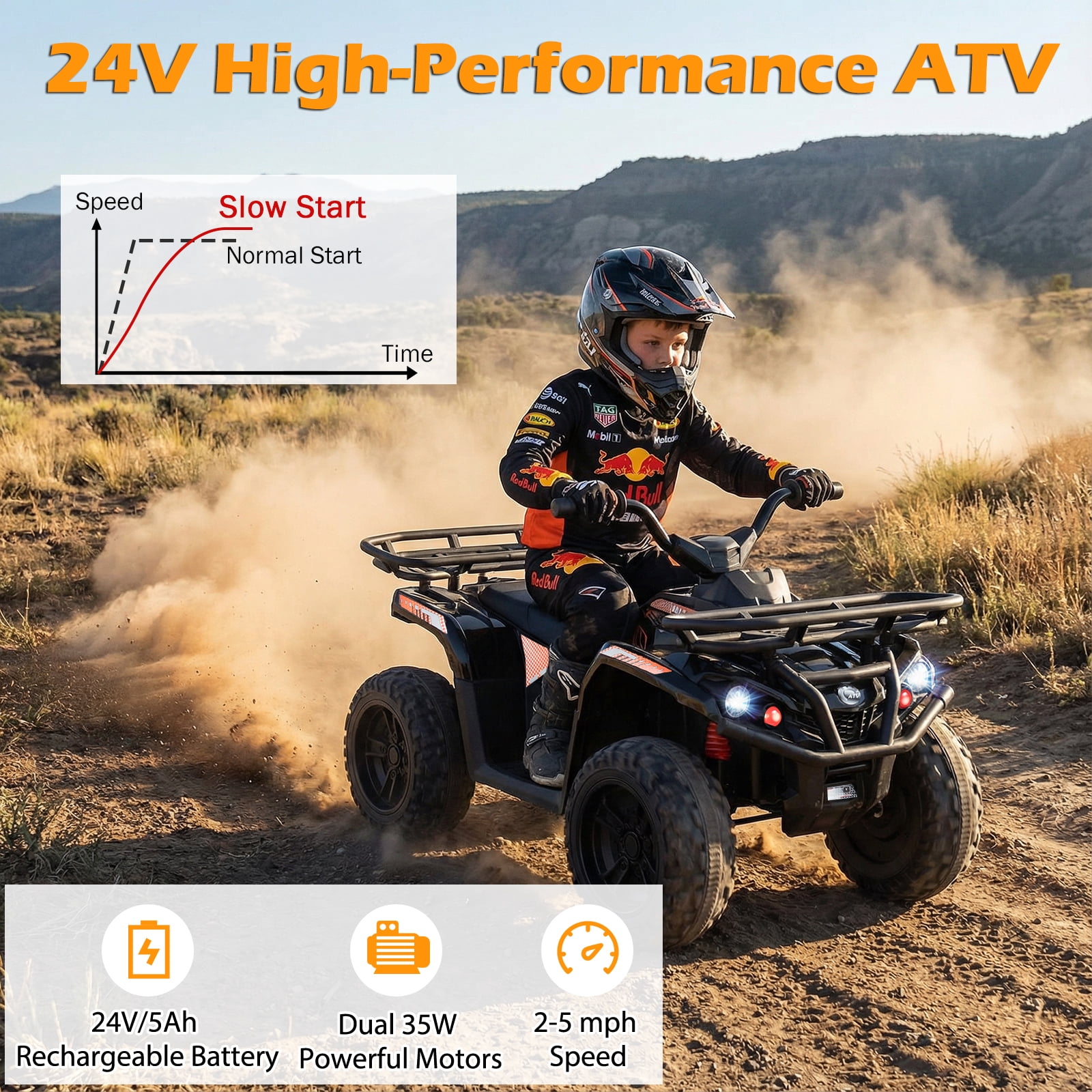 Costway Electric ATV for Kids, 24V Ride on Toy with Dual Motors & Basket, Dirt Quad Vehicle Black