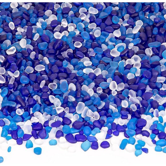 Sinkoo Sea Glass Stones for Crafts About 1LB (405g/14.28oz) Glass Pebbles Gemstones Bulk for Beaching Theme Decor Diy Crafts Aquarium Turtle Tank Vase Filler(White,Dark Blue,Lake Blue)