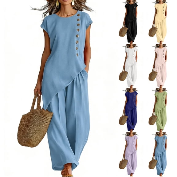 VBVC 2 Piece Wide Leg Pants Set Women Loose Fit V Neck Top Casual Summer Outfit,Black,S-2XL