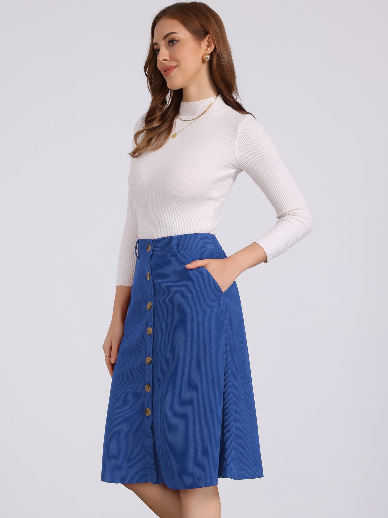 DARING DIVA Women's High Waist Button Front A-Line Belted Corduroy Skirt L Royal Blue