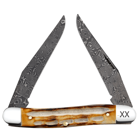 Case XX Knives Muskrat Jigged Burnt Natural Bone Damascus Pocket Knife