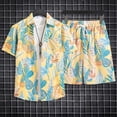thumbnail image 6 of sunsanly 2Pcs/Set Men Summer Casual Outfit Lapel Short Sleeve Single Breasted Shirt Elastic Drawstring Waist Wide Leg Shorts Set Coconut Tree Print Hawaii Outfit, 6 of 8