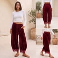 thumbnail image 2 of Women's Velvet Lace-Hem Wide Leg Pants Drawstring Waist Casual Trousers with Pockets, 2 of 7