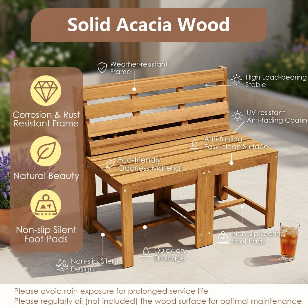 Hommoo 3-in-1 Outdoor Acacia Wood Loveseat Bench, Convertible Table & Chairs Set or Plant Stand, Wooden Garden Seating for Patio, Deck, Backyard, Natural