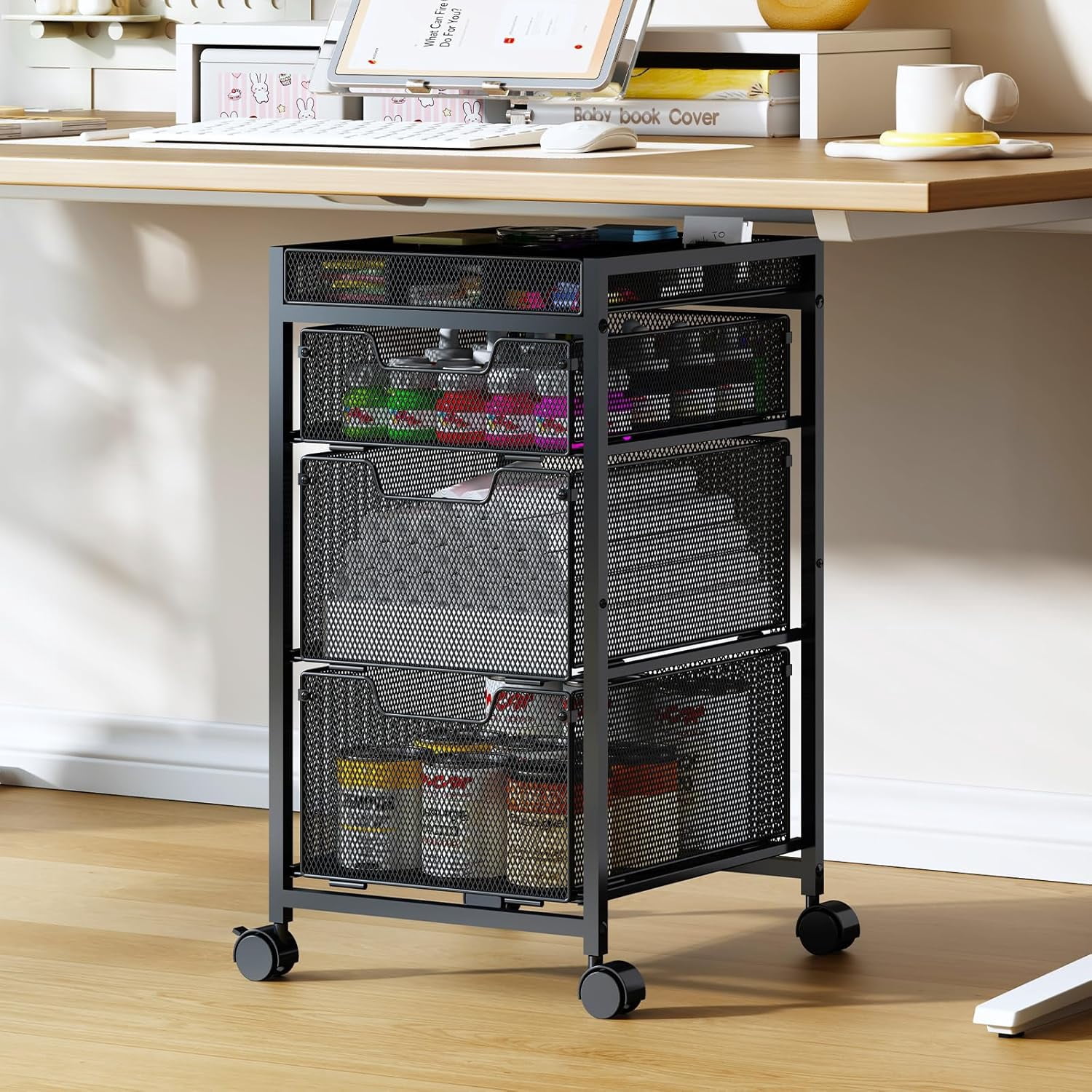 Rolling Utility Cart with 3 Drawers, Craft Organizer and Storage with DIY Divider, Lockable Wheels, Multi-Functional Storage for Art Supplies, Store for Brushes & Paints & Small Parts