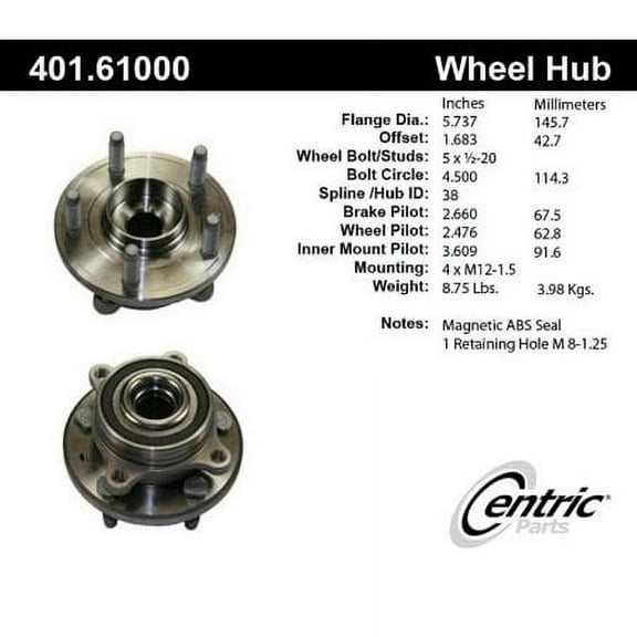 CENTRIC PARTS - HUB ASSEMBLY Fits select: 2011-2014 FORD EDGE, 2010-2019 FORD TAURUS
