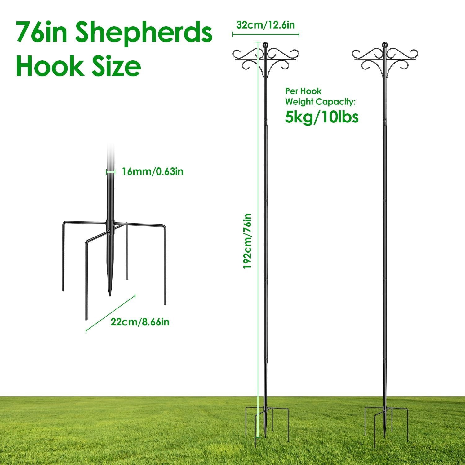 2 Packs Heavy Duty Double Shepherds Hook Adjustable Height Bird Feeder Pole with 5 Prong Base for Outdoor Garden