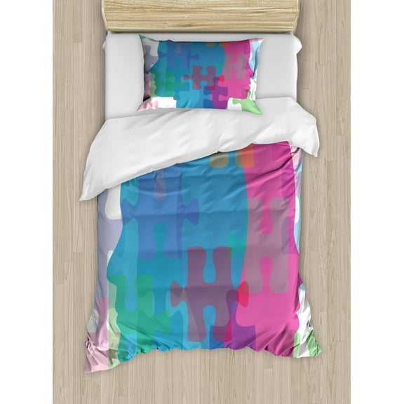 Puzzle Print Duvet Cover Set Twin Size, Colorful Man and Woman Portrait Silhouettes Psychology Themed Illustration, Decorative 2 Piece Bedding Set with 1 Pillow Sham, Multicolor, by Ambesonne