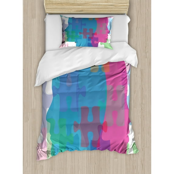Puzzle Print Duvet Cover Set Twin Size, Colorful Man and Woman Portrait Silhouettes Psychology Themed Illustration, Decorative 2 Piece Bedding Set with 1 Pillow Sham, Multicolor, by Ambesonne