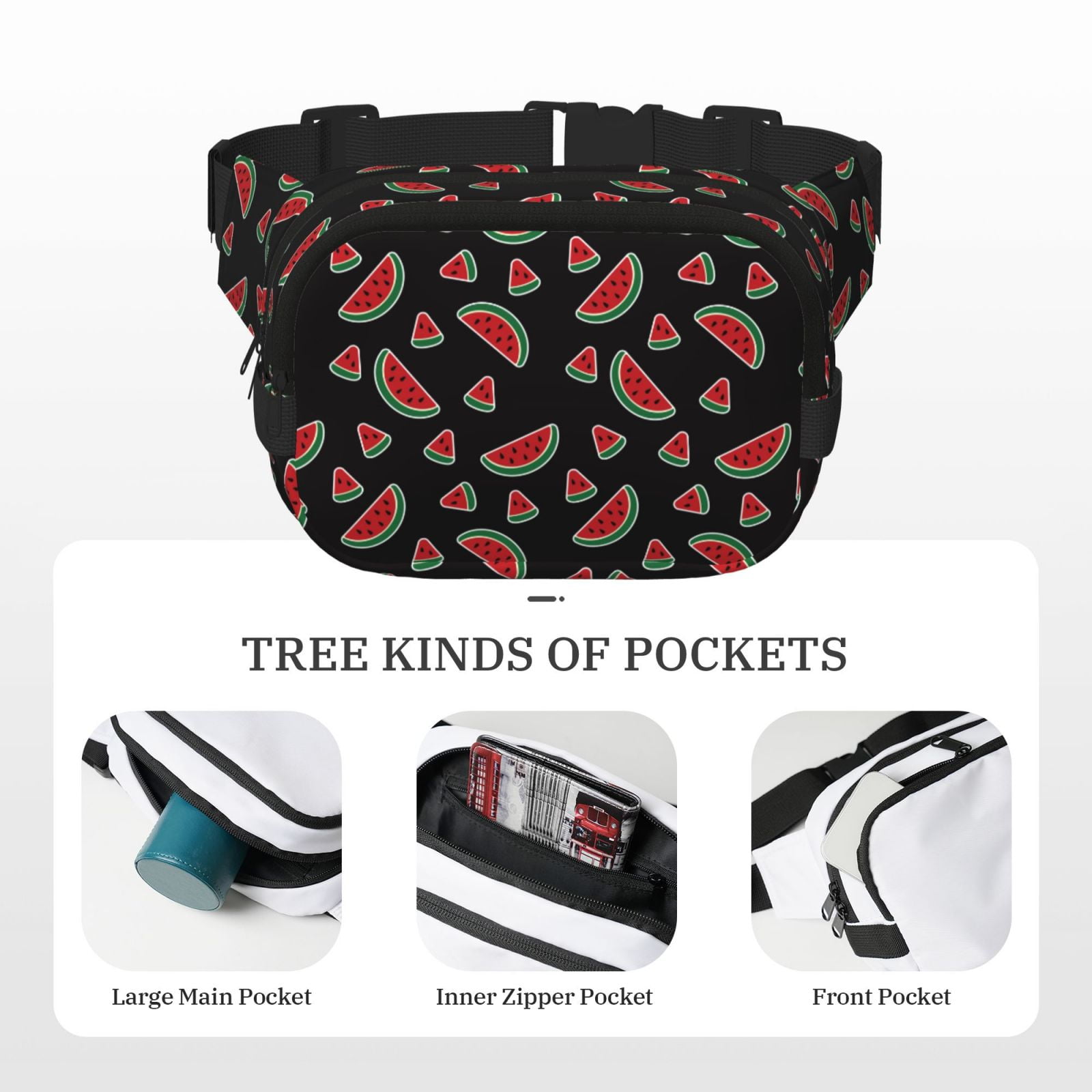 Picia Watermelon Print Square Double-Layer Waist Bag Mini Adjustable Waist Belt Bag Exercise Running Travel Hiking