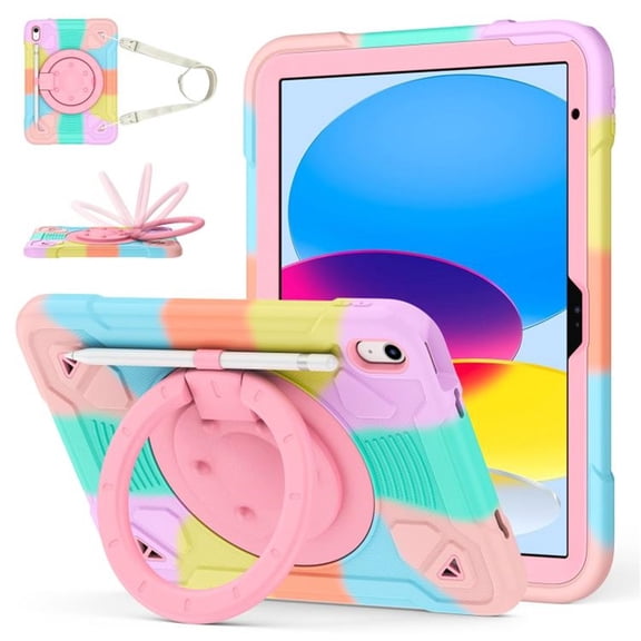 Case For IPad 2025 / 2022,Anti Drop Silicone PC Layer Protective Case 360 ° Rotating Bracelet Handle Stand ,Shoulder Strap, Heavy Duty Shockproof Tablet Case,Colorful Pink,For iPad 2025/2022