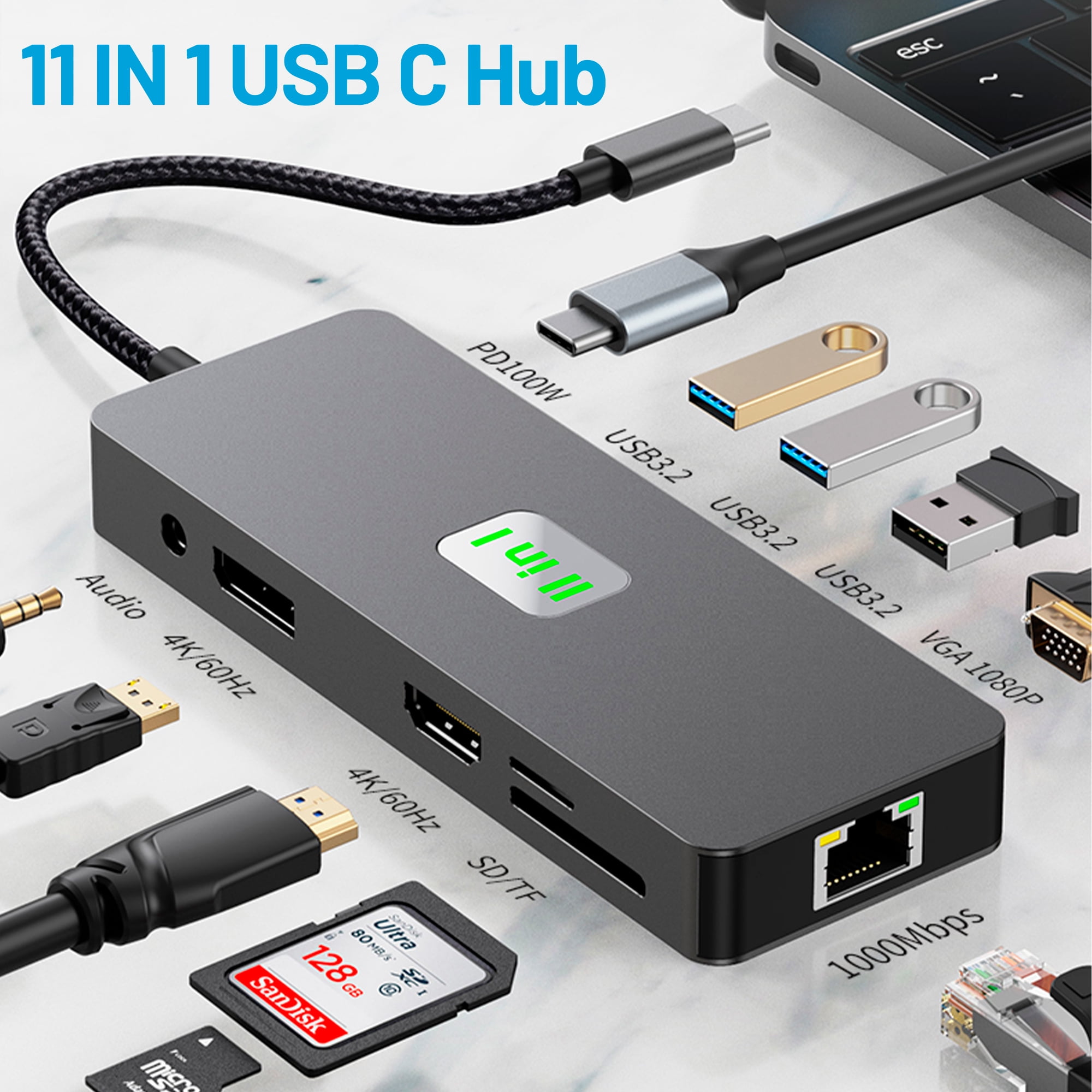 USB C Hub Ethernet Multiport Adapter, 11-in-1 USB C Docking Station 4K HDMI, 100W PD, 2 USB 3.2, 10Gbps LAN USB C Dongle, SD/TF Reader USB C Dock for Dell/HP/Lenovo iPad
