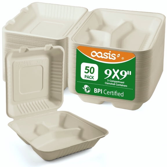 OasisSN Compostable 3-Compartment Clamshell Take Out Food Containers - 9x9" 50-Pack, Biodegradable Sugarcane To Go Boxes, Heavy Duty Paper Container - Microwave & Freezer Safe, Stackable