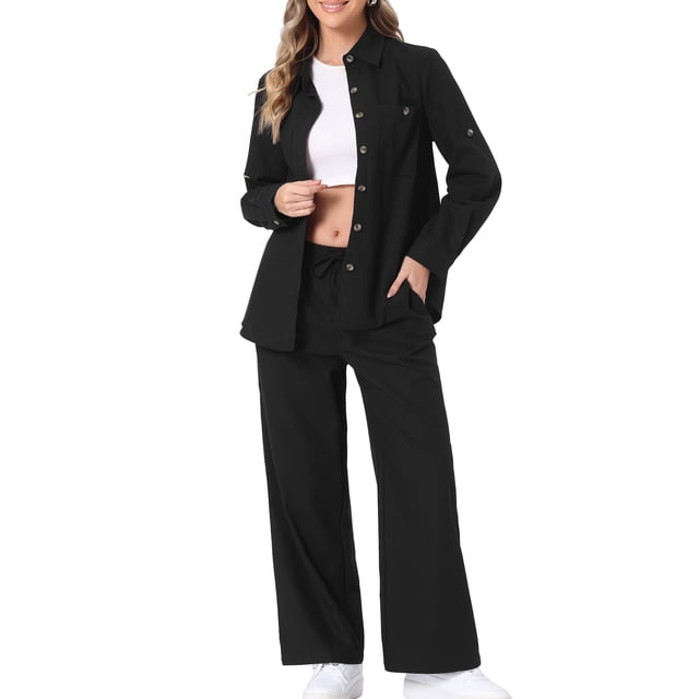 Conjunto de lino de 2 piezas para mujer INSPIRE CHIC, camisa de botones y pantalones de pierna ancha con cordón, atuendo casual XS negro