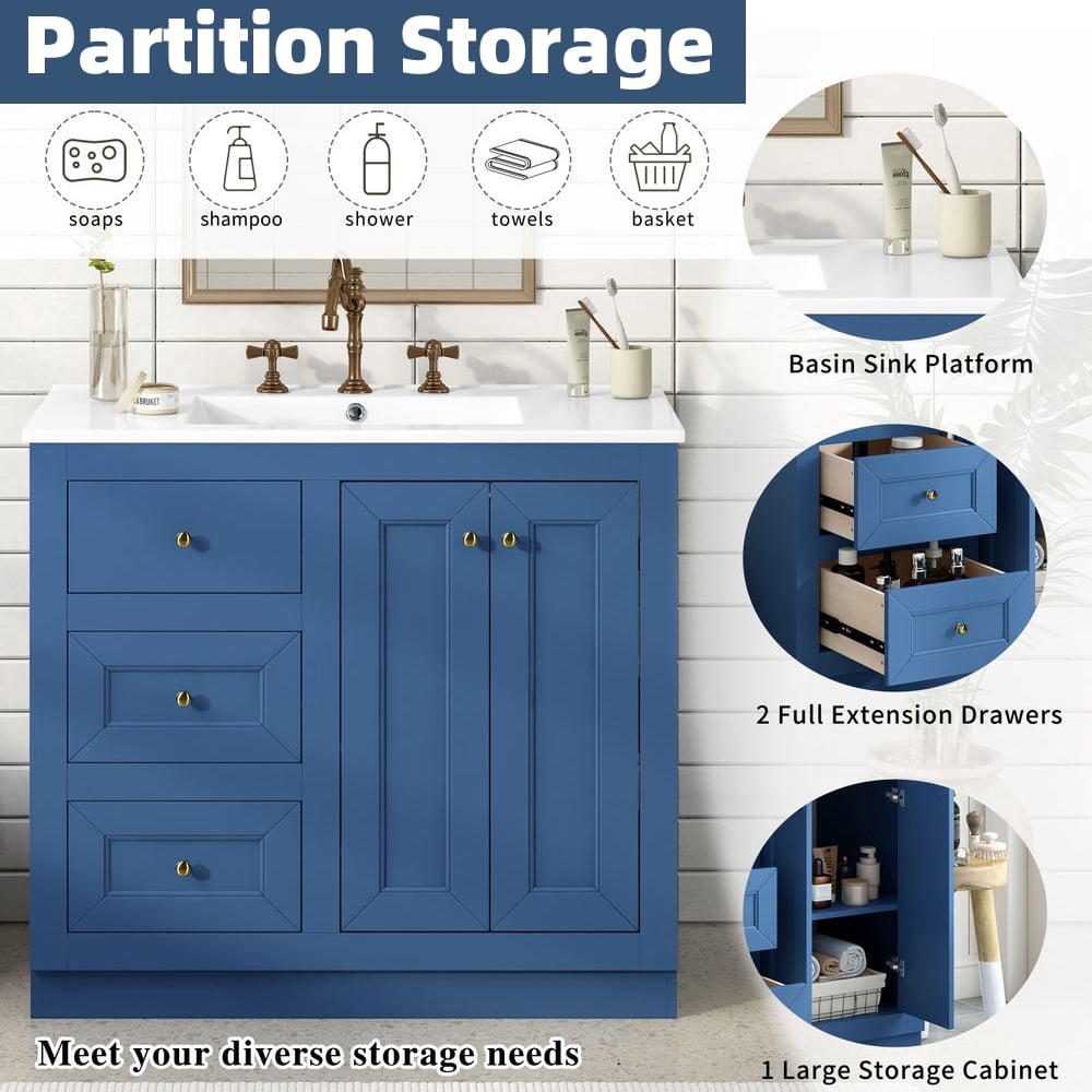 MIDODO 36" Bathroom Vanity with Sink, Modern Bathroom Cabinet with a Soft Closing Door and 4 Drawers Solid Wood Frame