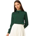 thumbnail image 1 of INSPIRE CHIC Blusa de manga de soplo fruncida plisada con cuello alto drapeado suave sedoso para mujer Verde oscuro XS, 1 of 6