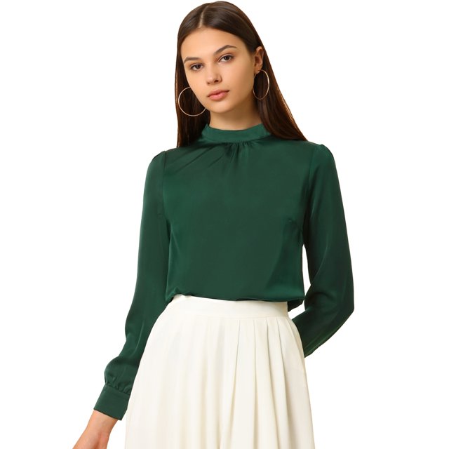 INSPIRE CHIC Blusa de manga de soplo fruncida plisada con cuello alto drapeado suave sedoso para mujer Verde oscuro XS