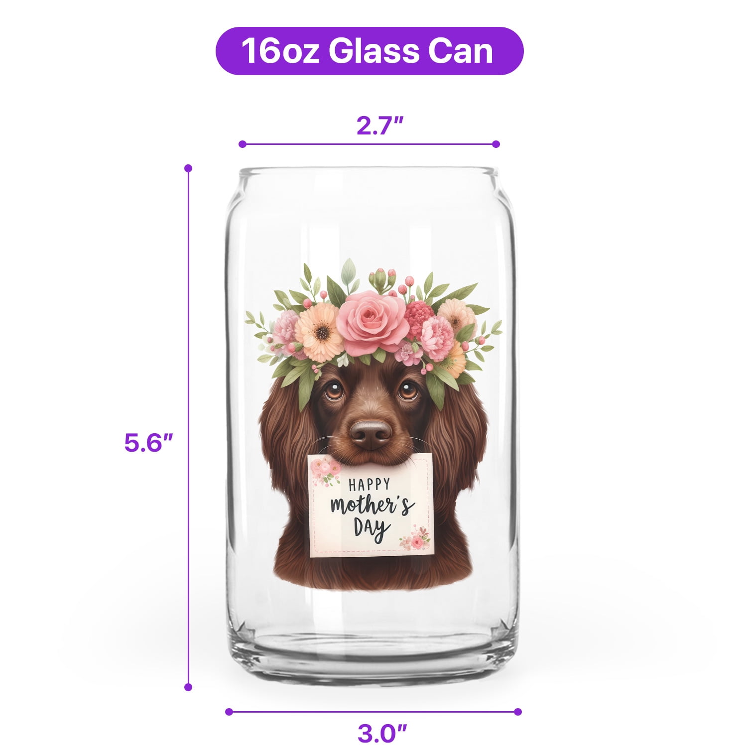Happy Mother's Day Boykin Spaniel with Flower Crown and Greeting Card 16oz Glass Cup Mug Dog Lover Glass Can - 13004