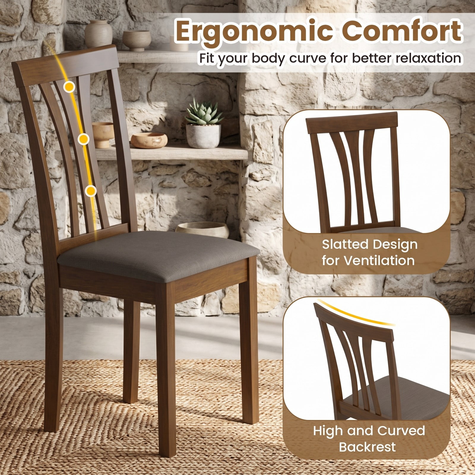 Furnibear Wooden Dining Chairs Set of 2, Linen Fabric Upholstered Kitchen Side Chairs with Rubber Wood Frame, Ergonomic Slatted Backrest, Padded Seat for Dining, Brown