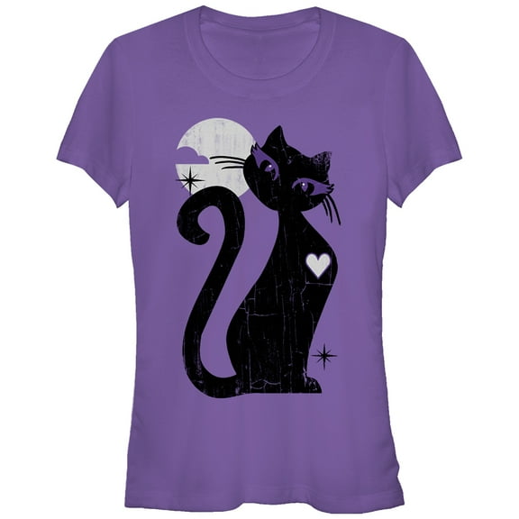 Junior's Lost Gods Halloween Full Moon Black Cat Heart Graphic Tee Purple Small