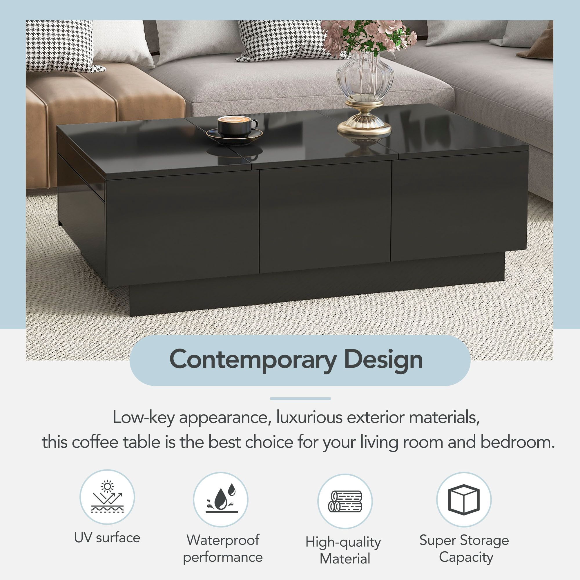 DEALTOPS Modern Coffee Table with Sliding Top and 2 Hidden Storage Compartments, High-gloss End Table with 2 Drawers for Living Room -Black