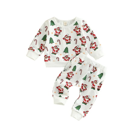 

Canrulo Newborn Baby Boy Girl Christmas Clothes Santa Christmas Tree Print Long Sleeve Sweatshirt Tops with Pants 2Pcs Outfits White 3-6 Months