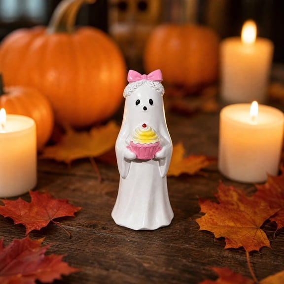 SLYNSHome Cute Ghost Resin Figurine With Bow,White Spooky Desktop Statue Ornament, Tabletop Decor For Halloween Indoor Home Holiday Display & Gift