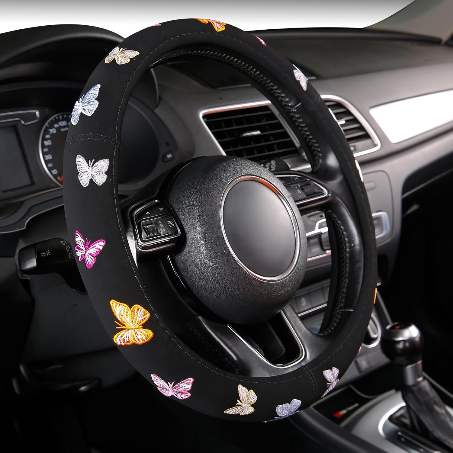 Embroidery Cute Steering Wheel Cover Stitched Butterfly Girly,Sweat Absorption,Universal 15 inch
