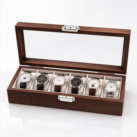 Wooden Watch Organizer Box, 6‑Slot Watch & Jewelry Storage Case with Glass Lid and Soft Pillows,Gift Idea