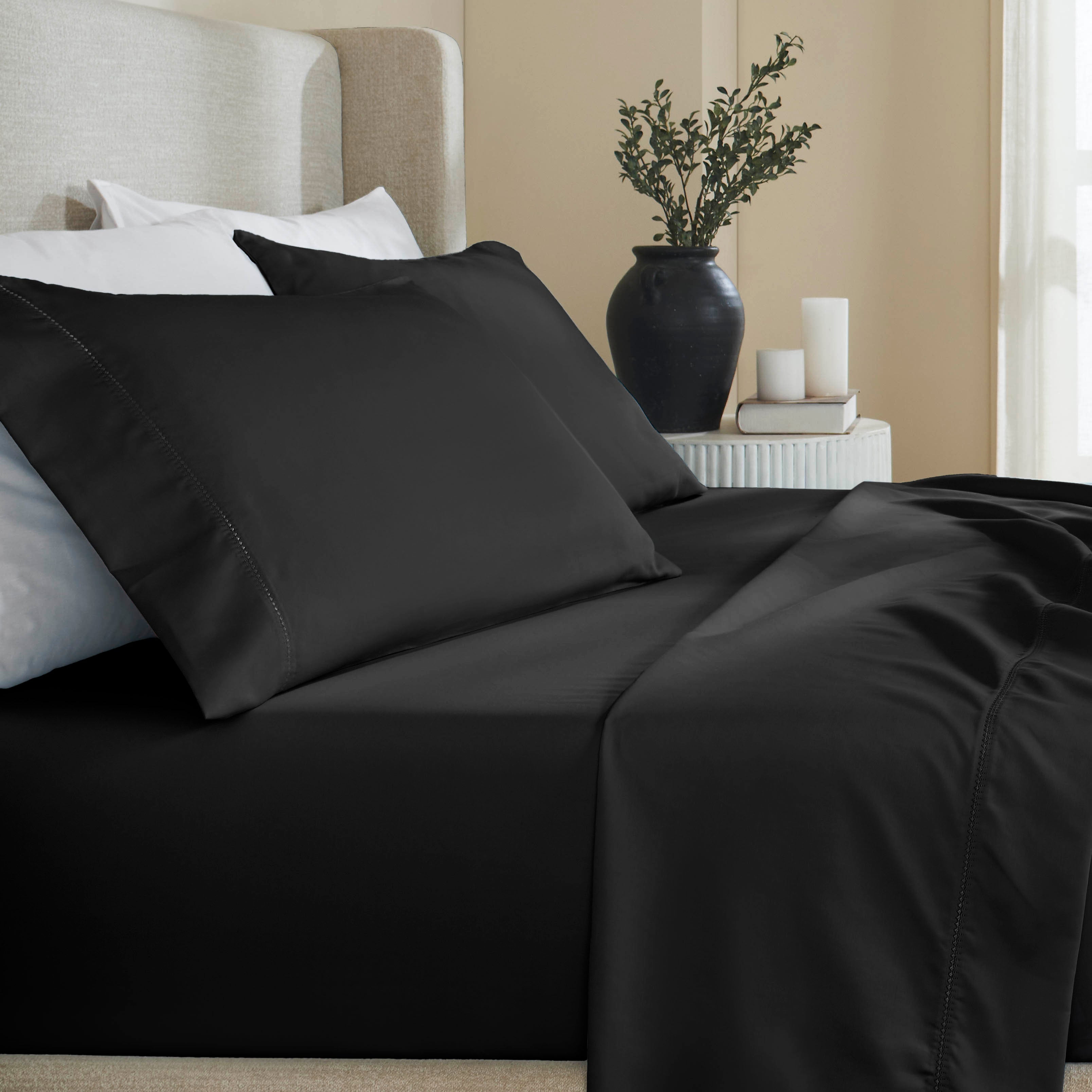 Superior Cotton Blend 600 Thread Count Embroidered Sheet Set, Split King, Black