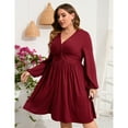 thumbnail image 3 of Women's Long Sleeve V Neck Knotted Elastic Front Knee Length Plus Size Midi Dress, 3 of 5
