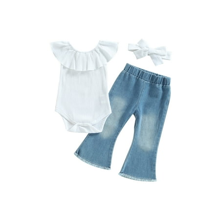 

Bagilaanoe 3pcs Toddler Baby Girl Long Pants Set Flying Sleeve Romper Tops + Denim Flare Trousers + Headbands 6M 12M 18M 24M 3T Kids Casual Outfits