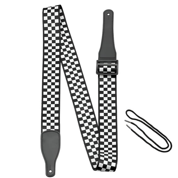 QAYOZ Bass Guitar Strap, Guitar Strap, Electric and Acoustic Guitar Straps - Durable Nylon Checkered Guitar Shoulder Strap with Leather Ends (Black and White Checkered)