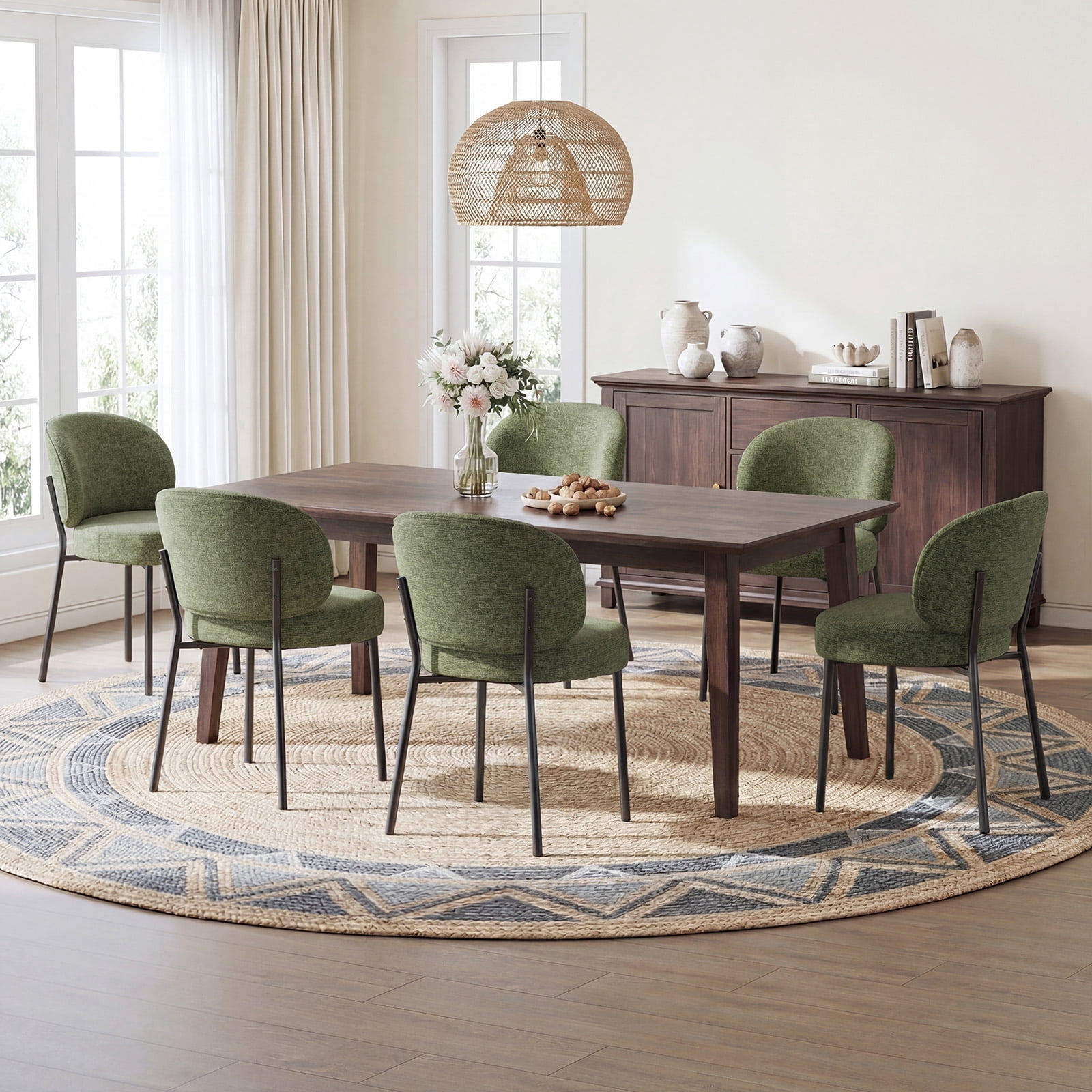 Set of 6 Upholstered Modern Dining Chairs, Mid Century Kitchen Chairs with Curved Backrest and Metal Legs for Dining Room, Living Room, Green