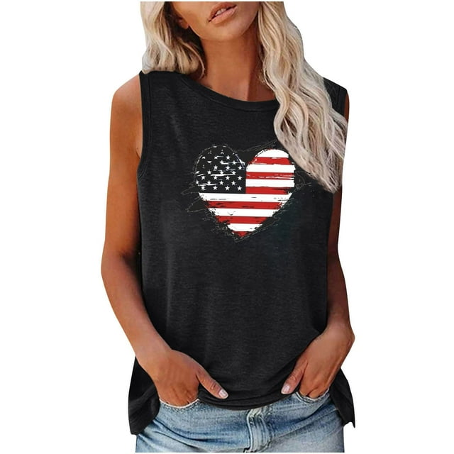 EQWLJWE Débardeurs pour Femmes Débardeurs Femmes Mode Tendance Confortable Jour de l'Indépendance Décontracté Col Rond Imprimé Blouse